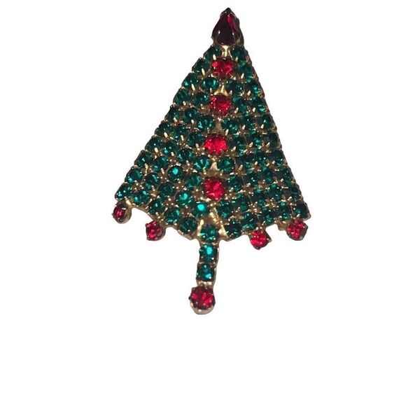 Vintage Mid Century Modern Red Green Rhinestone Christmas Tree Retro Brooch Pin - Picture 2 of 6